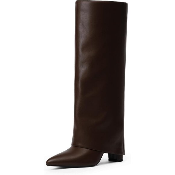 Women Brown Pu Faux Leather Fold Over Knee High Chunky High Heels Long Boot - Picture 1 of 7